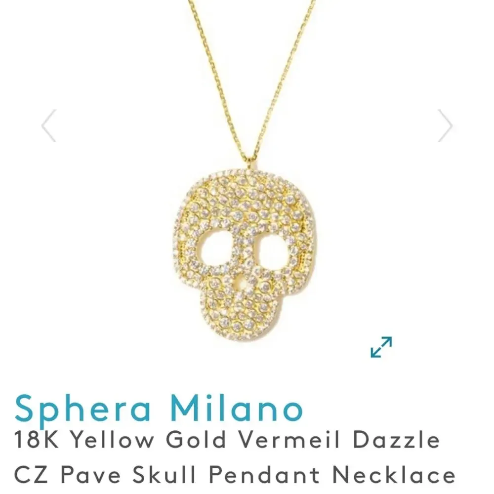 18K Yellow Gold Skull Necklace Vermeil Dazzle CZ Pave Goth Halloween 18 inch